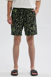 Short de baño negro con estampado verde de dibujos animados y cinturilla ajustable