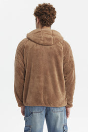 Polar hombre peludo kaki con capucha cierre frontal y parche en el pecho diseño cálido y acogedor para días fríos