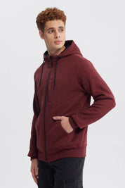 Hoodie burdeo de hombre con capucha y cierre completo frontal prenda lisa con bolsillos delanteros estilo casual moderno