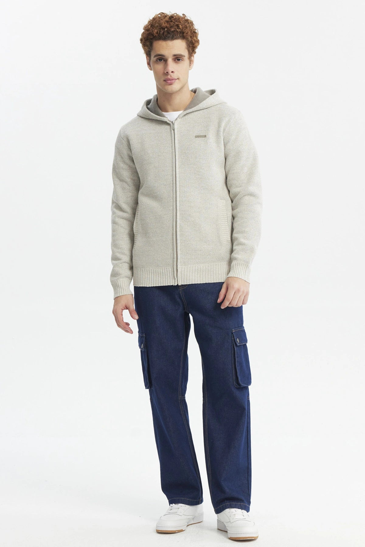 Sweater Hombre Hoodie Liso Con Micropolar Beige