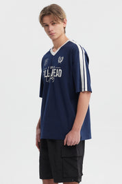 Polera oversize azul para hombre con texto Team Full Ahead Cycling en el frente estilo deportivo