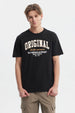 Polera negra de hombre con texto blanco Original Fit for everyone en el pecho estilo universitario casual y cómoda